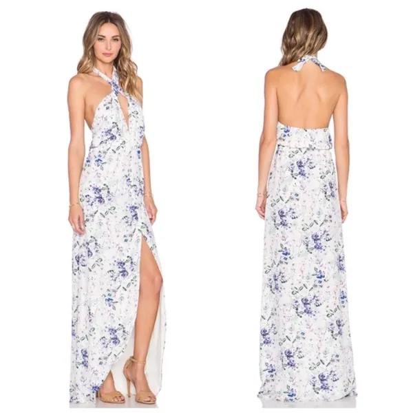 $320 Helena Quinn M Maxi Dress Mariella Slit Long Ivory Halter Floral Sundress - Image 2