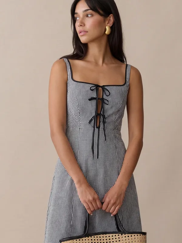 NWT o.p.t Babette Midi Dress size 0 gingham tie front cotton few moda - Image 2
