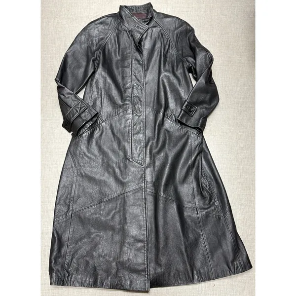 Vintage Black Leather Trench Coat Women Size L Good Longline Matrix Goth‎ - Image 2
