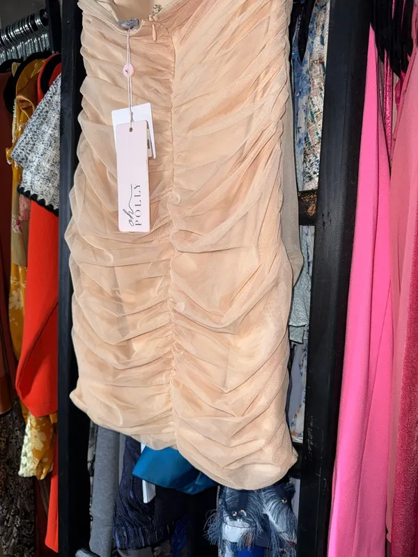 Oh Polly Nude Ruched Mesh Strapless Mini Dress Bodycon UK12 US8 New NWT - Image 8