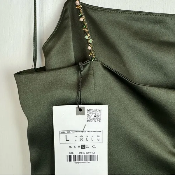 NWT Zara Green Satin Effect Midi Wrap Dress Sz Large Beaded Straps - Image 11