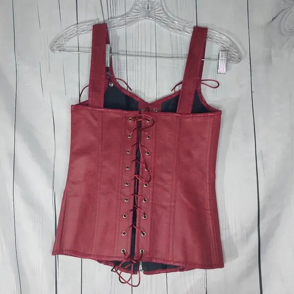 Charmian Renisssnce Red Faux Leather With Boning Corset Top with Zipper And Lace - Image 7