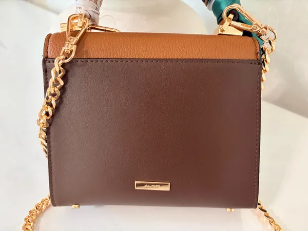 ALDO Brown Top Handle Satchel Handbag Scarf Charm Gold Chain Preppy Chic Quiet Luxury - Image 4