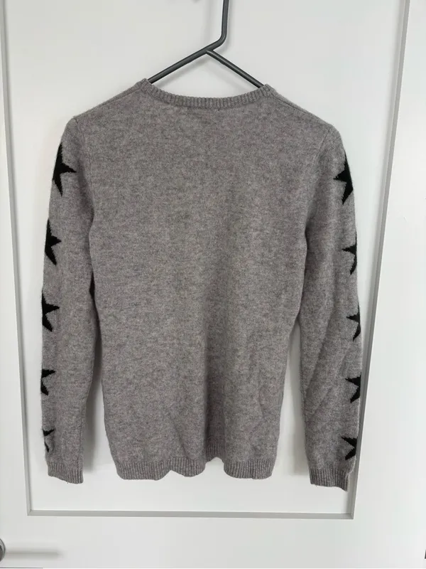 Aqua Cashmere Gray Black Star Sleeve 100% Cashmere Crew Neck Sweater Medium - Image 4