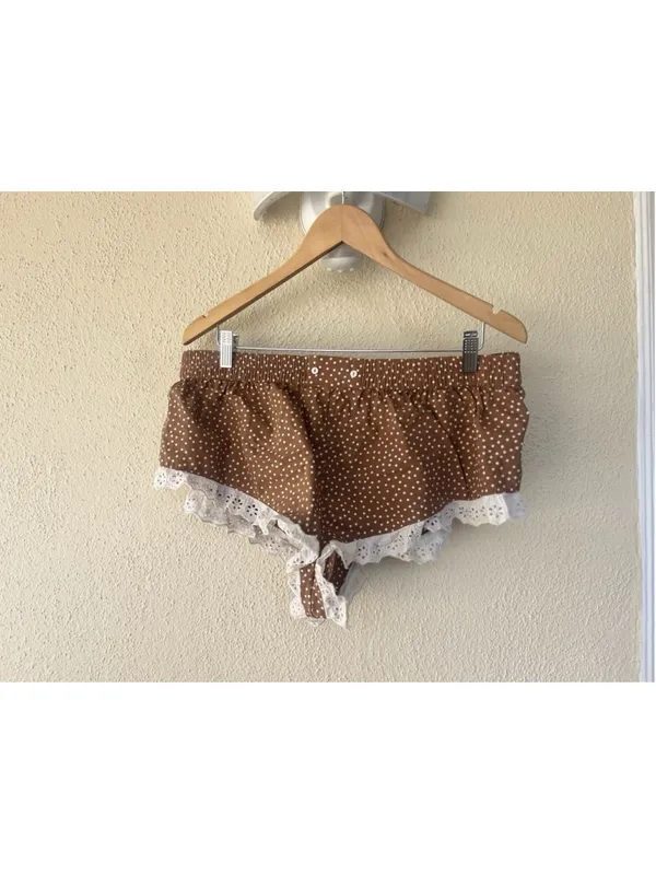 Anthropologie Brown Polka Dot Eyelet Micro Mini PJ Shorts Large Cottage Prairie - Image 2