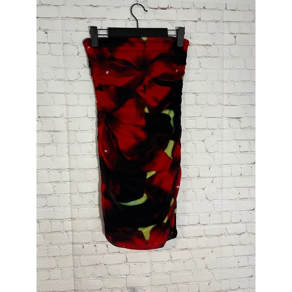 White Fox Ibiza Nights Strapless Mini‎ Dress Red Hibiscus Floral Ruched Mesh S - Image 5