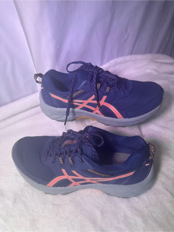 Asics Navy Running Shoe with Coral Stripes and Yellow-Green Outsole - Image 3
