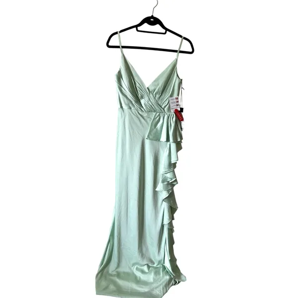 Mac Duggal Pistachio Green Satin Ruffled Maxi Dress 67815 Size 6 Sleeveless - Image 3