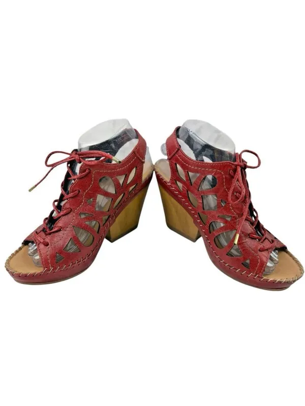 *Lobo Solo Red Leather Sandals Womens Size US Size 9 Lace Up Boho Laser Cut Out - Image 8