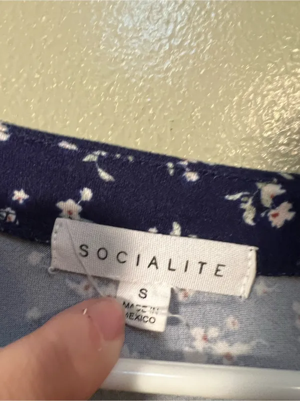 Socialite Womens Sz Small T-Shirt Dress Navy Blue White Floral Short Puff Sleeve - Image 10