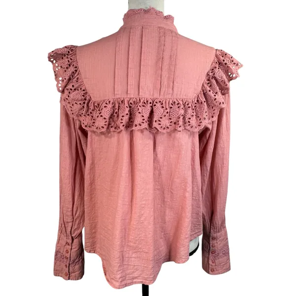 Free People X-Small Hit the Road Top Ruffle Button Puff Sleeve Lightweight Pink - Image 8