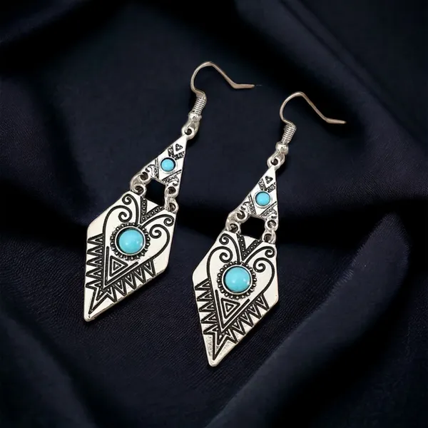 Carved Geometric Shape With Turquoise Decor Dangle Earrings Retro Bohemian Style - Image 6