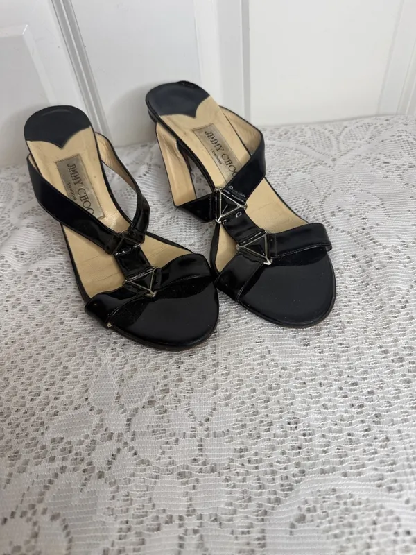 Jimmy Choo Black Patent leather high Heel Slide Sandal Sz 6 - Image 2