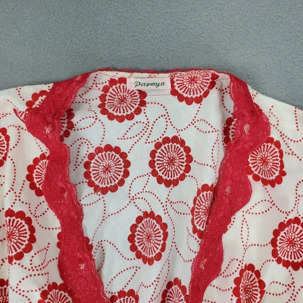 Papaya Tunic Top Womens M White Red Floral Lace Trim Boho Cap Sleeve Babydoll - Image 2