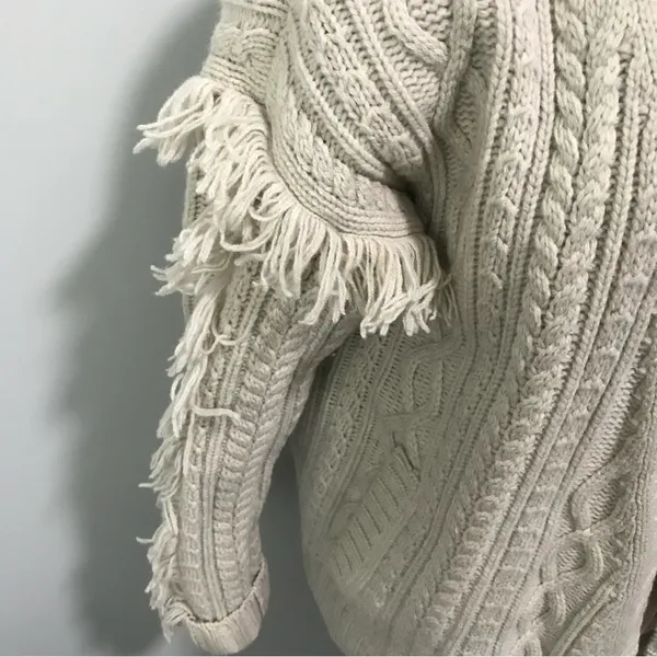 Madewell Cableknit Fringe Cardigan Sweater Tassel Merino Wool Chunky XS - Image 4
