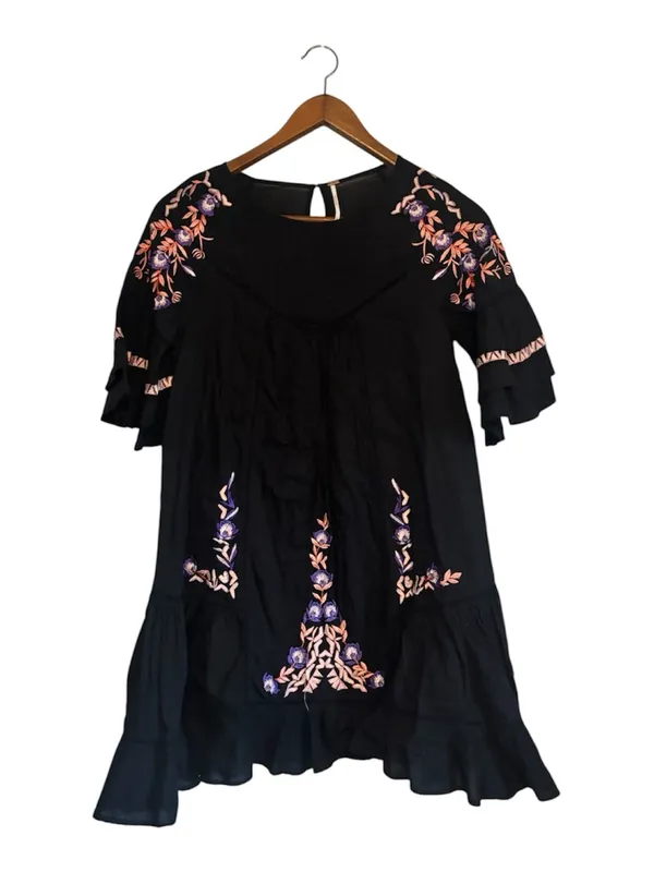Free People Black Pavlo Embroidered Cottagecore Boho Mini Babydoll Dress - Image 7