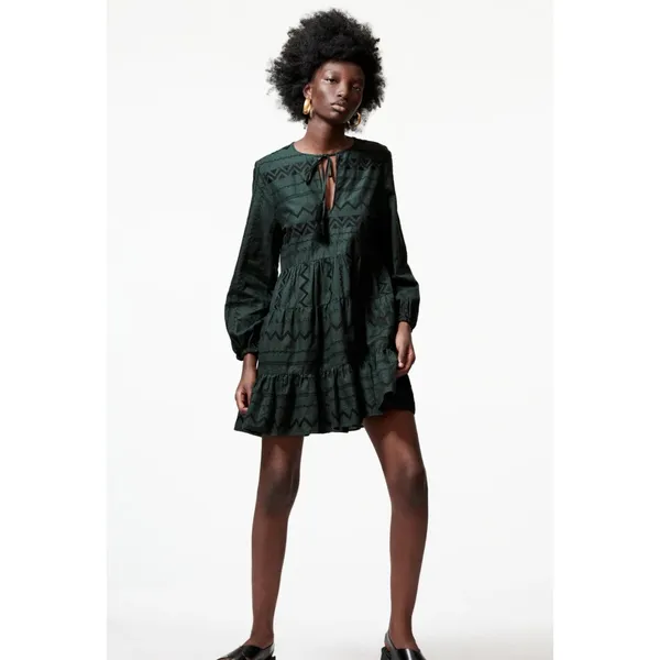 Zara Boho Oversized Embroidered Long Sleeve Mini Dress Tassel V Neck XS Green - Image 12