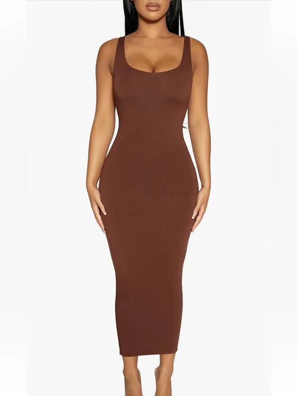 Naked Wardrobe Sculpt Tank Midi Dress in Chocolate Brown size Large NEW $68 - Image 3