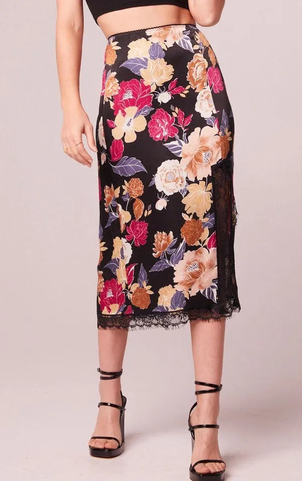 New Band of the Free Floral Print Lace Slit Slip Midi Skirt Black Multi Size XS - Image 4