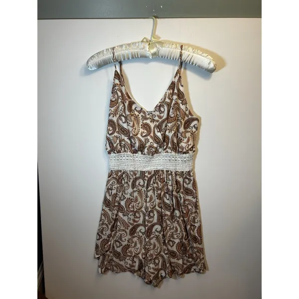 Justify XL Cream Brown Paisley Rayon Crochet Waist Sleeveless Boho Jumper Dress - Image 2