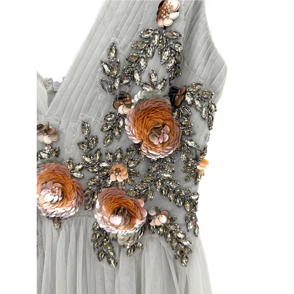 BHLDN Isabel Gray Embellished Tulle Maxi Dress 2 3D Floral Sequin Gown Wedding - Image 5