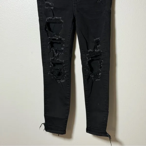 American Eagle Women Black Distressed Level Stretch Denim Jegging‎ Jean 4XShort - Image 3