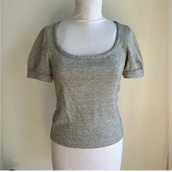 Free People Double Bubble Top Silver Scoop Neck Puff Sleeve Sweater Xs - Image 8