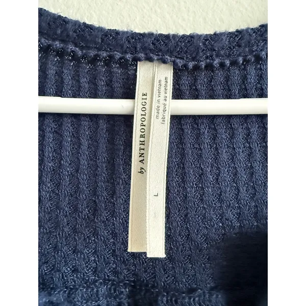 Anthropologie Womens Navy Blue Waffle Knit Henley Long Sleeve‎ Top Large 1192 - Image 2