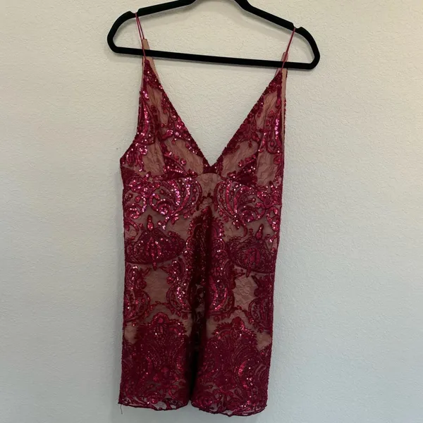 Free People Night Shimmer Mini Slip Dress Lace Sequins Sparkle Raspberry Size 4 - Image 3