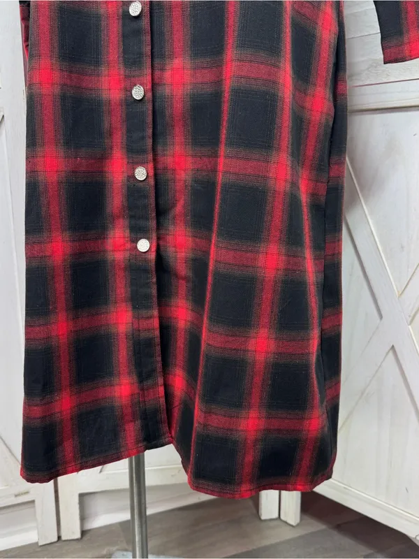 L&S‎ Plaid Snap Front Midi Duster Shirt Dress Shacket Red Black XL Western Boho - Image 6