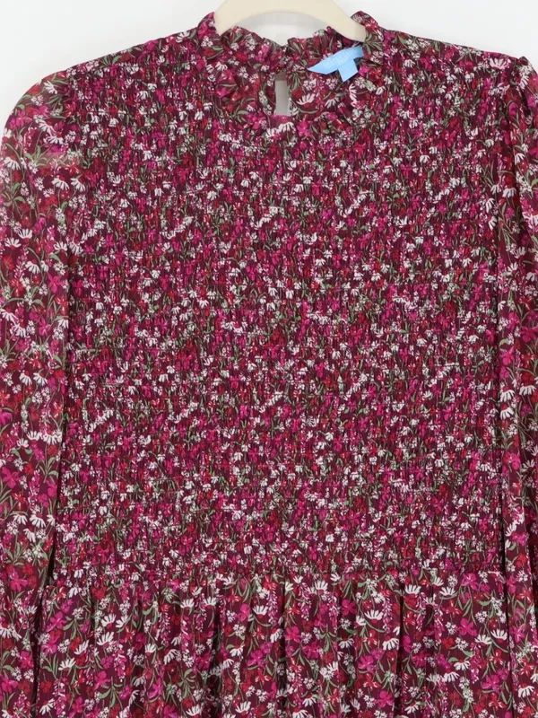 Draper James RSVP Smocked Floral Dress L Burgundy Metallic Long Sleeve Cottageco - Image 3