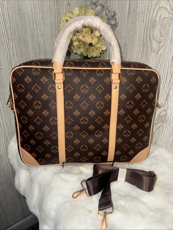 Dark Brown Monogram Laptop Briefcase with Tan Trim - Image 3