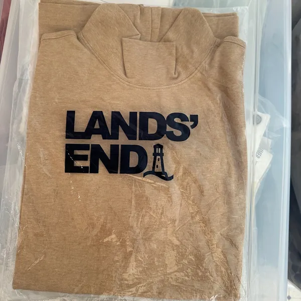 Lands End Relaxed Fit Mock Neck Top Tan Heathered Cotton Long Sleeve L 14-16 - Image 4