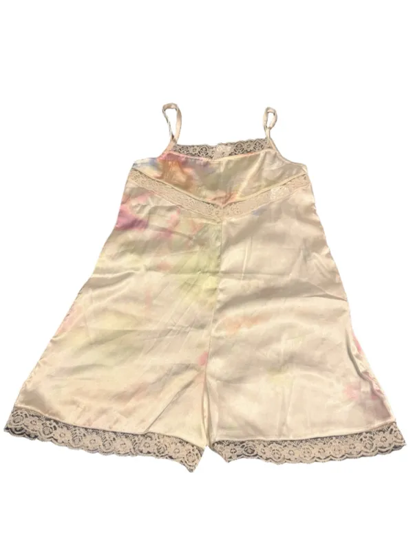 Nasty Gal Satin Tie-dye Lounge Romper with Lace Trim Size 4 Off-White Pastel - Image 4
