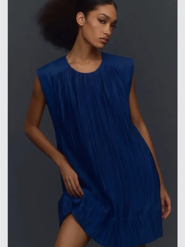 Anthropologie Blue Pleated Mini Dress XS Flowy Babydoll Minimalist Party - Image 2