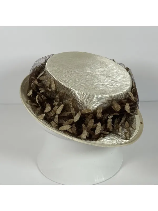 Vintage Ladies' Ivory Satin Hat with Brown Leaf Detail - Image 4