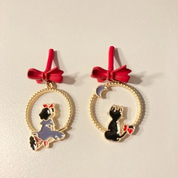 Kiki's Delivery Service Earrings Jiji Cat Anime Studio Ghibli Red Bow Gold‎ Hoop - Image 4