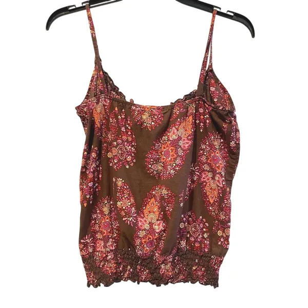 6‎ Degrees Cami Top Brown Boho Paisley Floral Smocked Hem Womens Size L - Image 2
