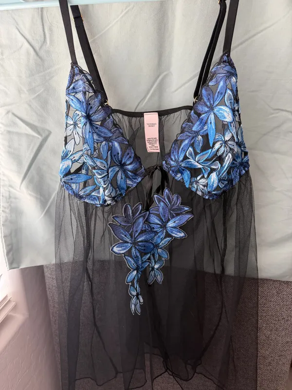 Victoria's Secret Black & Blue Floral Sheer Babydoll Lingerie - Image 2