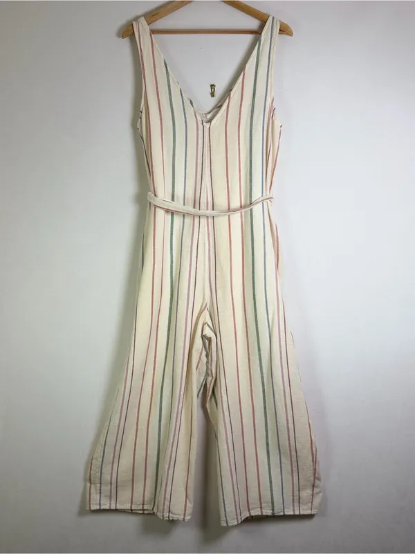 American Eagle Women’s Sz M Striped Cotton Linen Wide Leg Jumpsuit Boho Coastal - Image 6