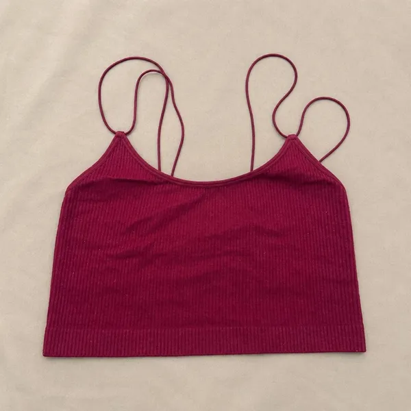 Burgundy Ribbed Double Strap Cami Crop Top Y2K Soft Girl M - Image 6