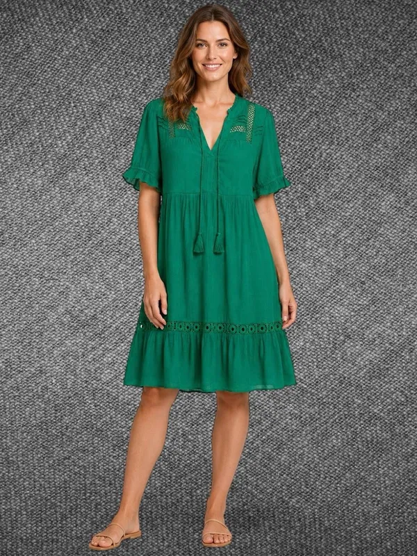 Indigo Rose Women’s M Green Boho Lace Trim Tassel Tiered Midi Dress - Image 3