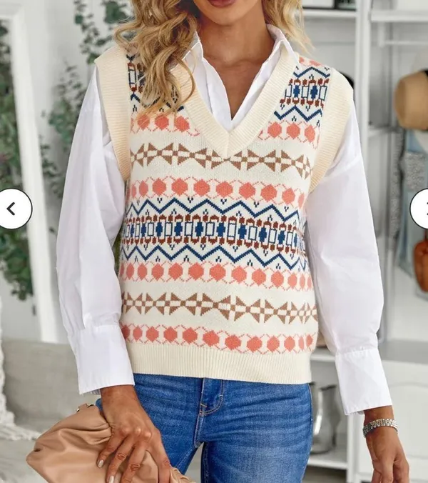 Women's Sleeveless Sweater Vest Plaid Geo Chunky Cable Knit Sweater Crop - Image 2