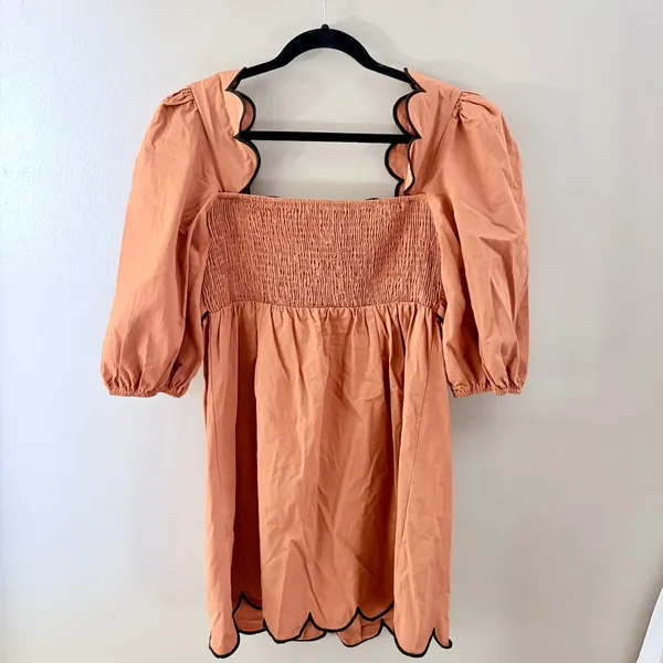 TCEC Scalloped Button Front Puff Sleeve Mini Dress Terracotta Orange Large - Image 4