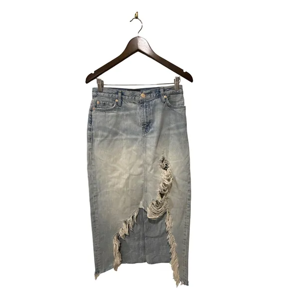 7 For All Mankind‎ Distressed Asymmetrical Denim Maxi Skirt Size 27 - Image 11