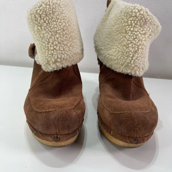 Nine West Vtg America Collection Ankle Boots Faux Fur Cuff Wooden Heel 10M Y2K - Image 2