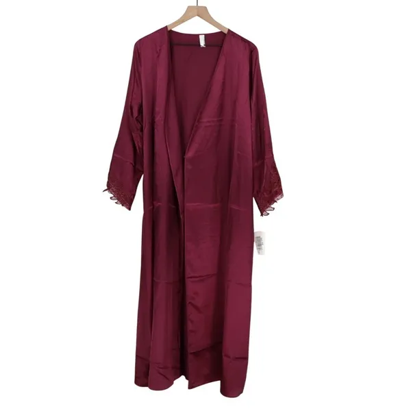 Flora By Flora Nikrooz Robe Women Large/XL Bordeaux Satin Venise Trim open Front - Image 2