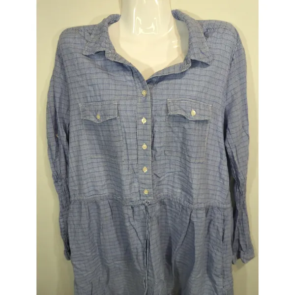 Gap Blue‎ Plaid Mini Utility Pockets Drawstring Dress Womens Large Cottage Core - Image 2