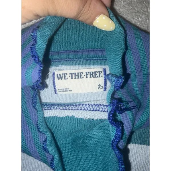 Free People We The Free XS Striped Turtleneck Top Teal Blue Raw Seam Pocket - Image 4