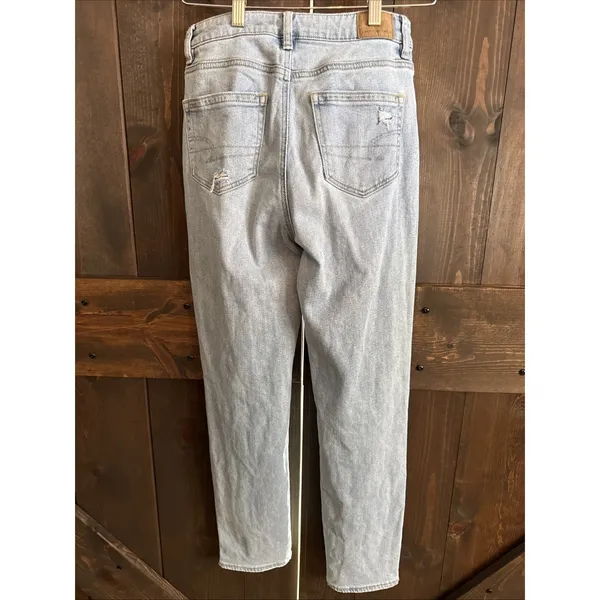 American Eagle Mom Straight Jeans Distressed‎ Ripped Light Wash Denim size 0 Reg - Image 3